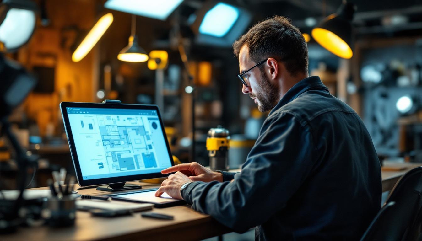 A photograph of a lighting contractor meticulously designing a lighting layout on a digital tablet