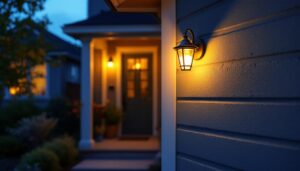 A photograph of a beautifully installed wall mount porch light illuminating a welcoming entrance