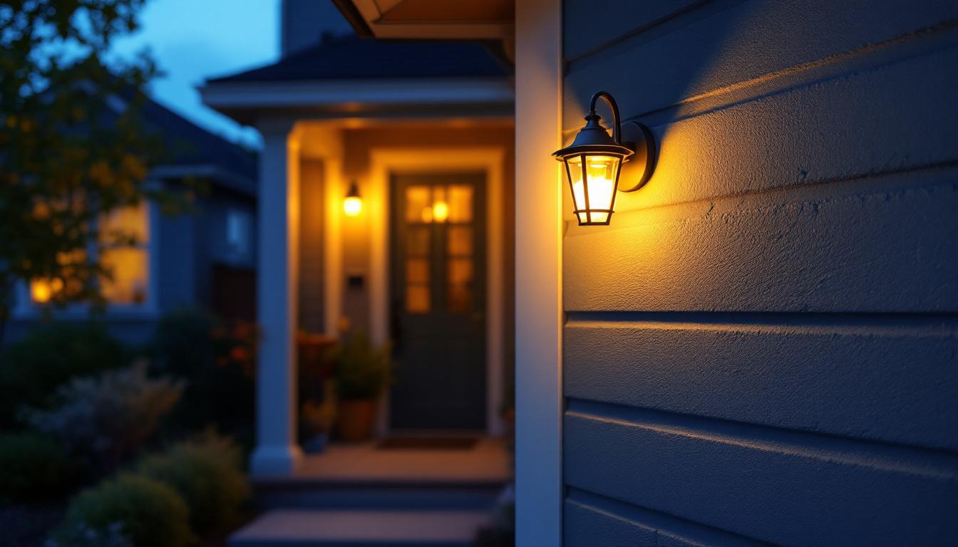 A photograph of a beautifully installed wall mount porch light illuminating a welcoming entrance