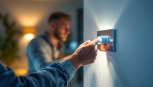 A photograph of a lighting contractor expertly installing a sleek