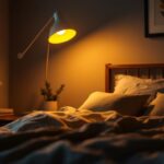 A photograph of a stylish over-the-bed lamp illuminating a cozy bedroom setting