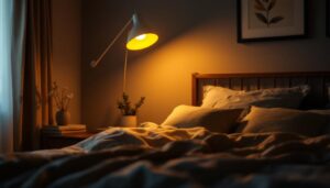 A photograph of a stylish over-the-bed lamp illuminating a cozy bedroom setting