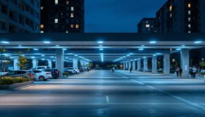 A photograph of a modern parking lot illuminated by energy-efficient led lighting