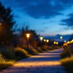 A photograph of a beautifully illuminated outdoor pathway featuring high-lumen solar pathway lights