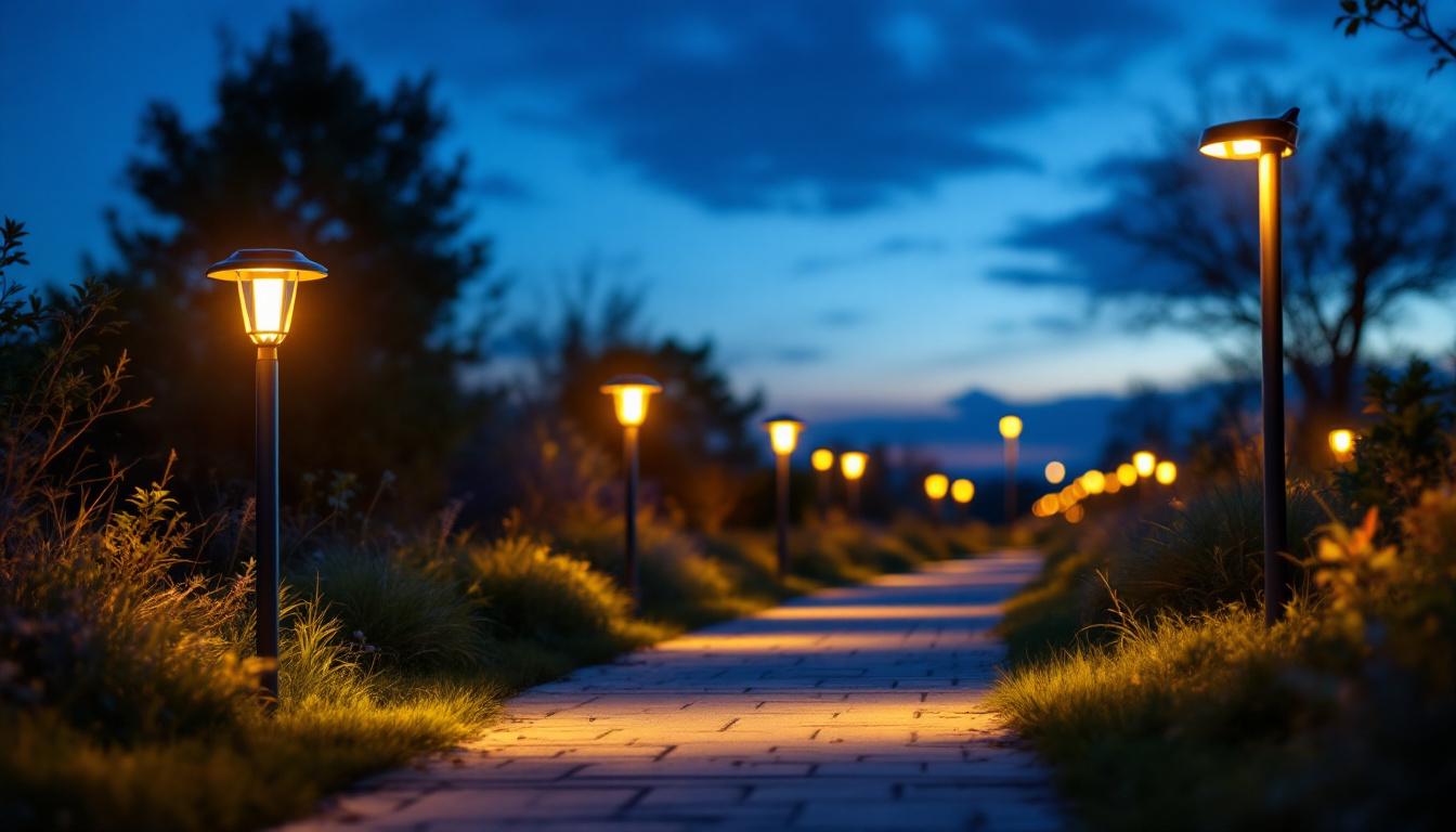 A photograph of a beautifully illuminated outdoor pathway featuring high-lumen solar pathway lights