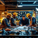 A photograph of a diverse group of professional lighting contractors collaborating on a project