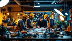 A photograph of a diverse group of professional lighting contractors collaborating on a project