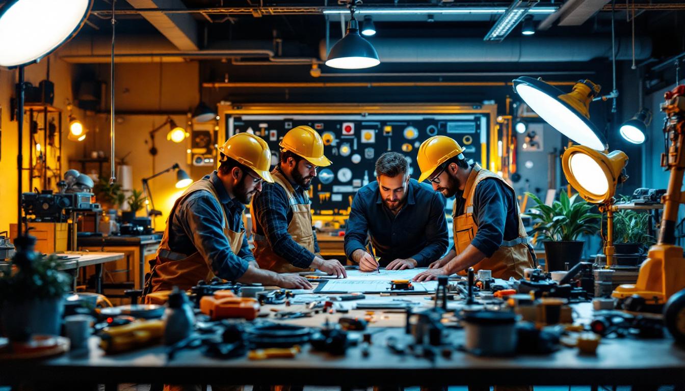 A photograph of a diverse group of professional lighting contractors collaborating on a project