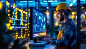 A photograph of a lighting contractor interacting with a programmable lighting control system in a modern workspace