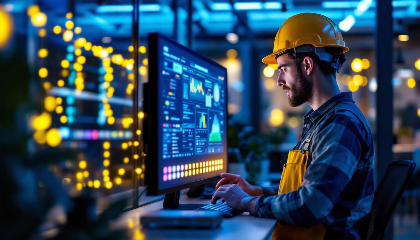 A photograph of a lighting contractor interacting with a programmable lighting control system in a modern workspace