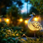 A photograph of a beautifully designed solar-powered peacock light illuminated at dusk