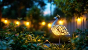 A photograph of a beautifully designed solar-powered peacock light illuminated at dusk