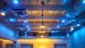A photograph of a well-lit indoor space featuring various types of under-roof lighting installations
