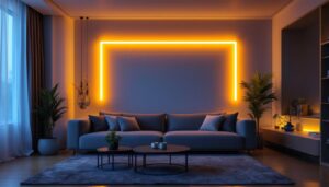 A photograph of a vibrant led 3 light strip elegantly illuminating a modern living space