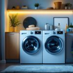 A photograph of a modern plug-in washer and dryer set in a well-lit