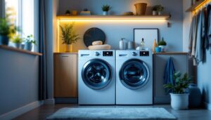 A photograph of a modern plug-in washer and dryer set in a well-lit