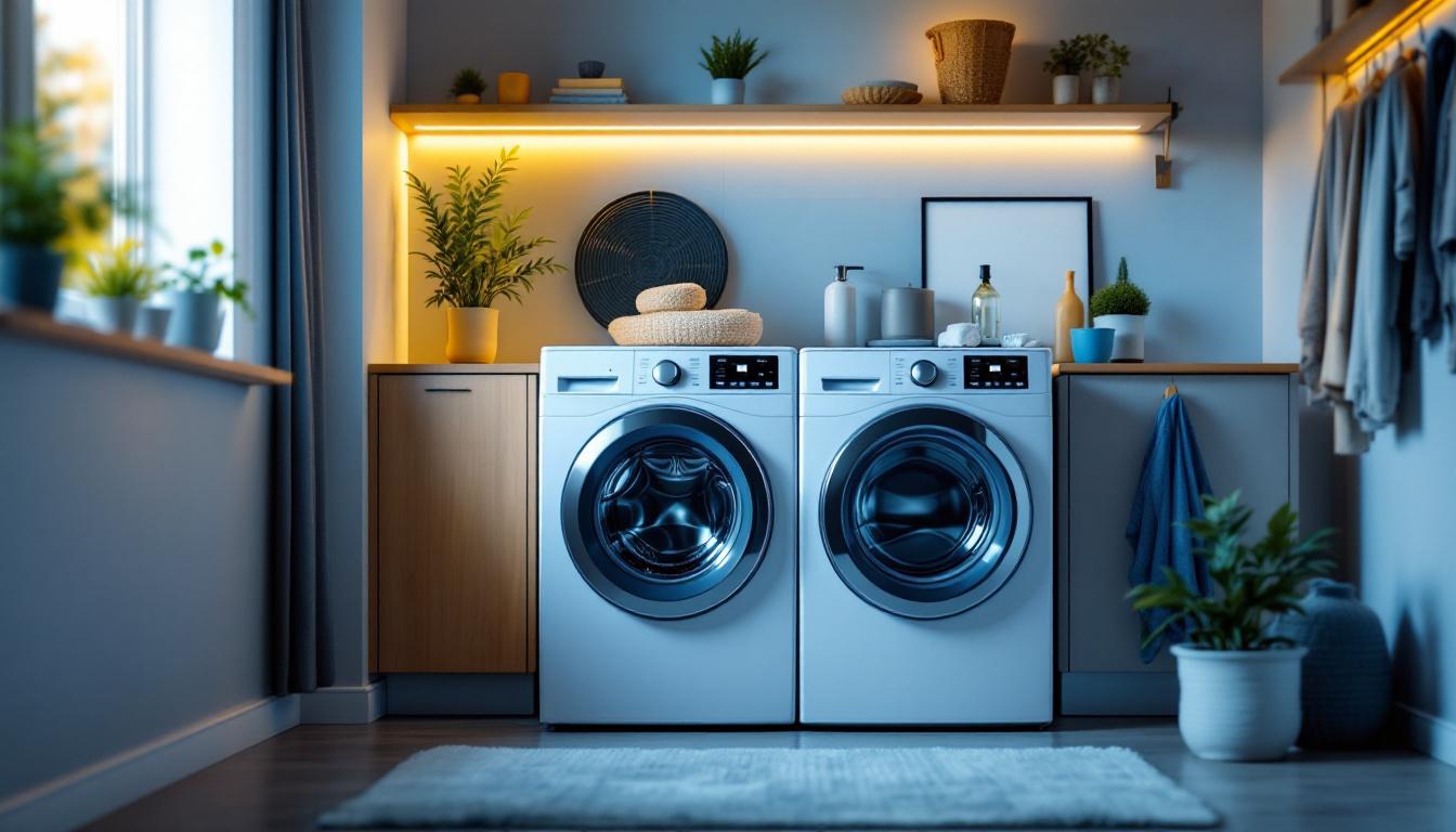 A photograph of a modern plug-in washer and dryer set in a well-lit