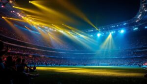 A photograph of a dynamic sports venue illuminated by innovative lighting designs