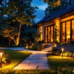 A photograph of a beautifully landscaped outdoor space illuminated by solar lights at dusk