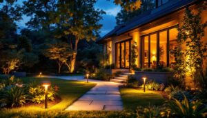 A photograph of a beautifully landscaped outdoor space illuminated by solar lights at dusk