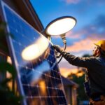 A photograph of a lighting contractor installing a large solar light in a residential or commercial outdoor setting