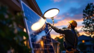 A photograph of a lighting contractor installing a large solar light in a residential or commercial outdoor setting