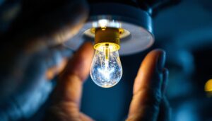 A photograph of a close-up shot of a small two-pin light bulb being installed in a fixture
