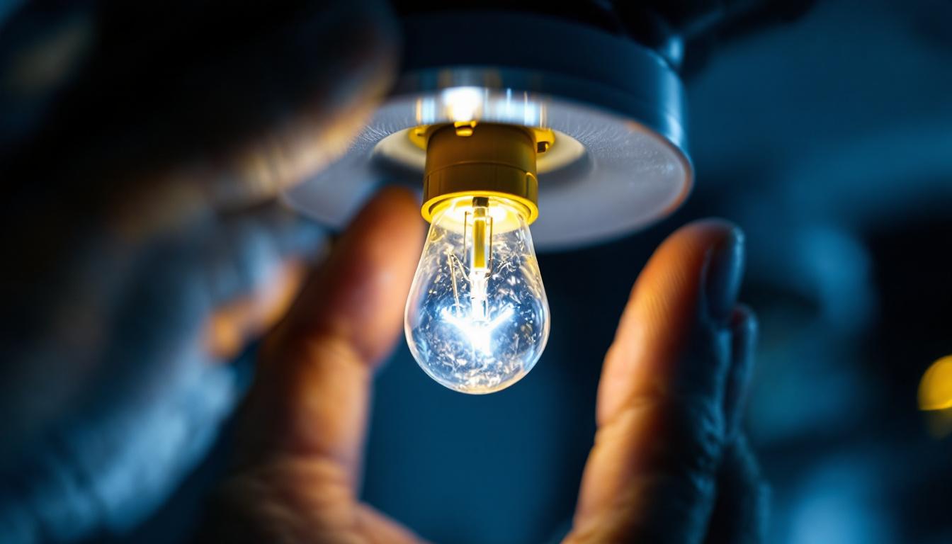A photograph of a close-up shot of a small two-pin light bulb being installed in a fixture