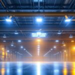 A photograph of capture a photograph of a modern industrial warehouse featuring large