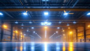 A photograph of capture a photograph of a modern industrial warehouse featuring large
