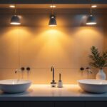 A photograph of a beautifully designed bathroom showcasing a variety of stylish lighting fixtures