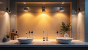 A photograph of a beautifully designed bathroom showcasing a variety of stylish lighting fixtures