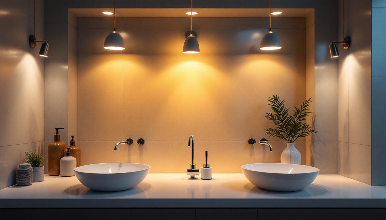 A photograph of a beautifully designed bathroom showcasing a variety of stylish lighting fixtures