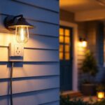 A photograph of a beautifully designed porch featuring a stylish light fixture with an integrated electrical outlet