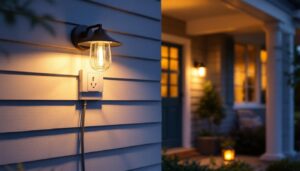 A photograph of a beautifully designed porch featuring a stylish light fixture with an integrated electrical outlet