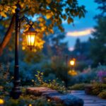 A photograph of a beautifully illuminated outdoor lamp post in a picturesque garden setting during twilight