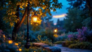 A photograph of a beautifully illuminated outdoor lamp post in a picturesque garden setting during twilight