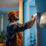 A photograph of a lighting contractor installing or adjusting an automatic motion detector in a residential or commercial setting