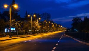 A photograph of a well-lit urban roadway at dusk