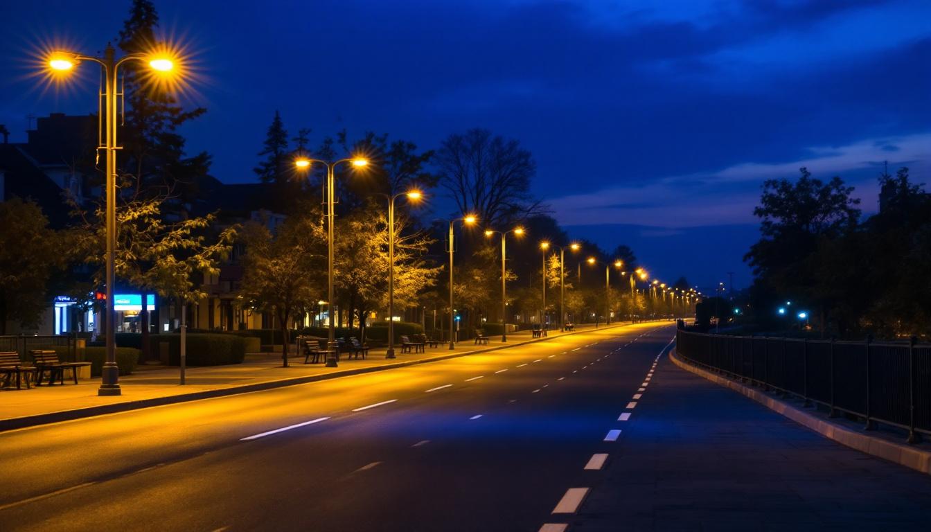 A photograph of a well-lit urban roadway at dusk