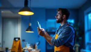 A photograph of a lighting contractor in action