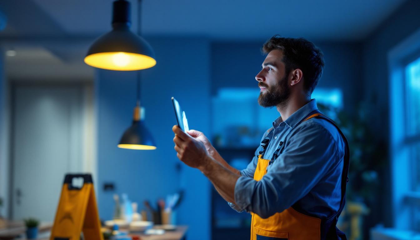 A photograph of a lighting contractor in action