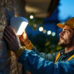 A photograph of a skilled lighting contractor installing a motion detector in an outdoor setting
