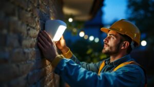 A photograph of a skilled lighting contractor installing a motion detector in an outdoor setting