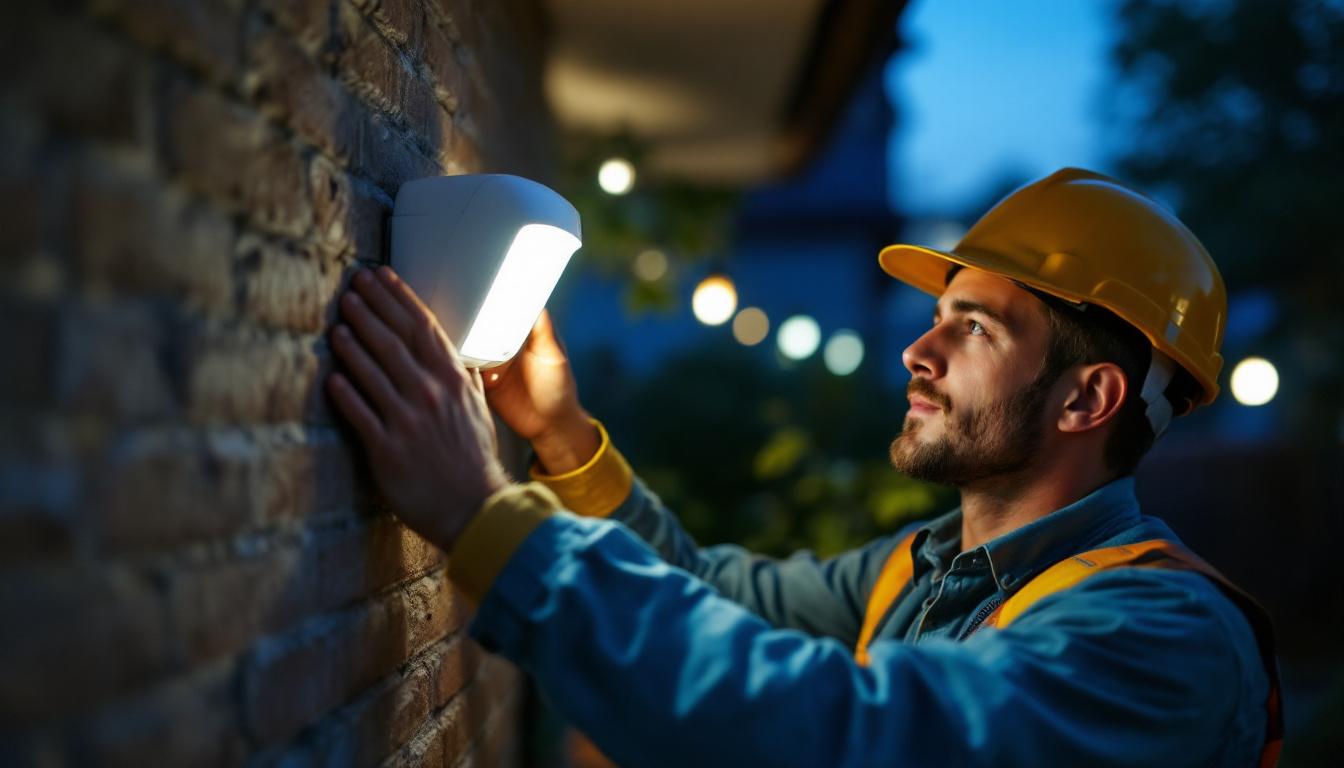 A photograph of a skilled lighting contractor installing a motion detector in an outdoor setting