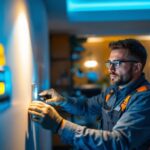 A photograph of a lighting contractor installing a modern