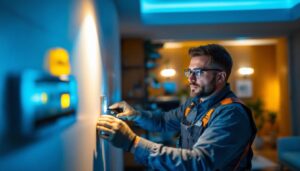 A photograph of a lighting contractor installing a modern