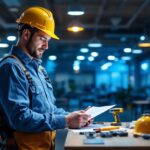 A photograph of a lighting contractor inspecting a well-lit commercial space