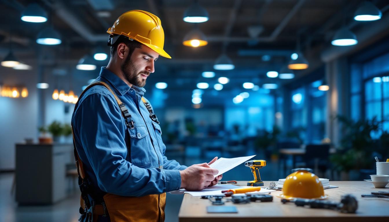 A photograph of a lighting contractor inspecting a well-lit commercial space