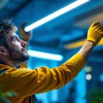 A photograph of a lighting contractor installing or adjusting dimmable led tube lights in a modern workspace